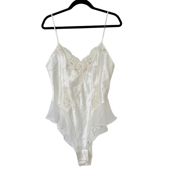 Victoria's Secret Tops - Victoria's Secret Vintage Ivory Satin Lace Sequin Ruffle Bodysuit Lingerie Large